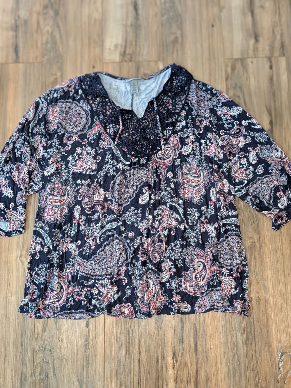 Catherines Women’s Navy Paisley Peasant Blouse with Crochet Yoke, 5X